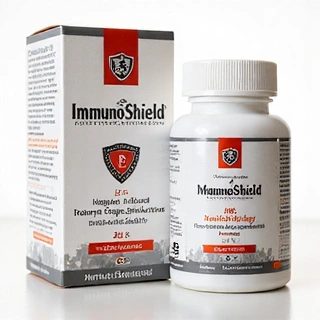 ImmunoShield termékcsomagolás, amely immunrendszer-támogató formulát tartalmaz.
